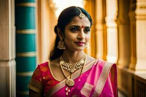 a beautiful indian bride in pink sari. AI-Generated photo
