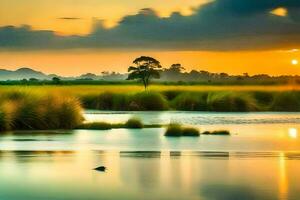 a sunset over a marshy area with tall grass. AI-Generated photo