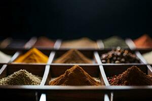 a variety of spices in wooden boxes. AI-Generated photo