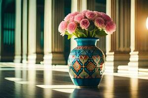 a vase with pink roses sitting on a wooden floor. AI-Generated photo