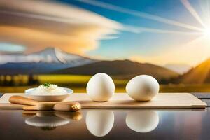 eggs on a cutting board with mountains in the background. AI-Generated photo