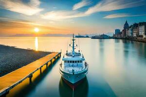 a boat docked at the pier in front of a city. AI-Generated photo