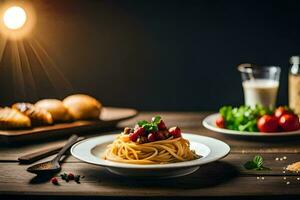 spaghetti with tomato sauce and bread on a wooden table. AI-Generated photo