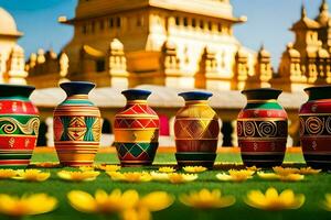 colorful vases in front of a golden building. AI-Generated photo