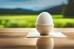 un huevo sentado en un mesa con un campo en el antecedentes. generado por ai foto