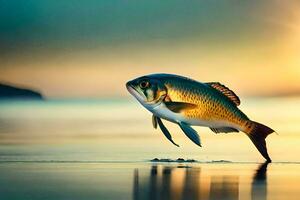 un pescado es saltando fuera de el agua a puesta de sol. generado por ai foto