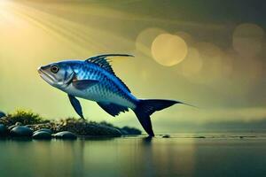 a fish is standing on the water with a sun shining. AI-Generated photo