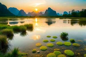 the sun rises over a mountain range and a river. AI-Generated photo