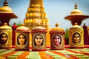 un grupo de vistoso velas con imágenes de mujer en a ellos. generado por ai foto