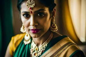 a beautiful indian woman wearing a sari and jewelry. AI-Generated photo