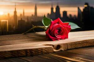 a single red rose sits on a wooden table in front of a city skyline. AI-Generated photo