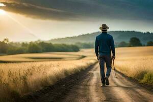 man walking on a dirt road in the middle of a field. AI-Generated photo