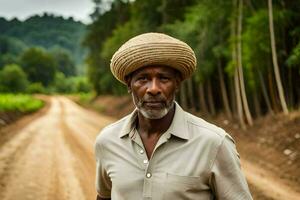 a man wearing a straw hat on a dirt road. AI-Generated photo