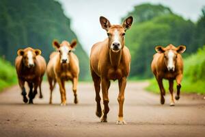 a group of brown cows walking down a road. AI-Generated photo