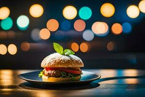 a hamburger on a plate with lights in the background. AI-Generated photo