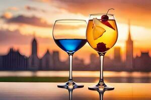 two glasses of wine with a sunset in the background. AI-Generated photo