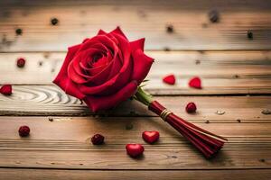 a red rose on a wooden table with hearts. AI-Generated photo