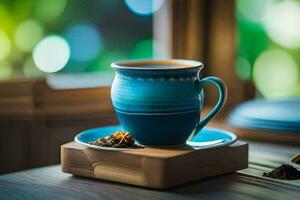 a cup of coffee on a wooden table. AI-Generated photo