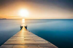 a wooden dock stretches out into the ocean at sunset. AI-Generated photo