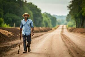 un hombre caminando abajo un suciedad la carretera con un palo. generado por ai foto