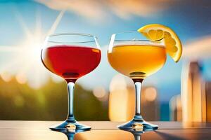 two glasses of wine with lemon slices on the table. AI-Generated photo