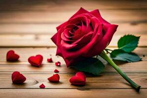 a single red rose is surrounded by hearts on a wooden table. AI-Generated photo