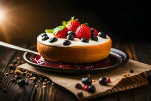 cake with berries and cream on a plate. AI-Generated photo