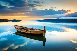 un barco en un lago a puesta de sol. generado por ai foto