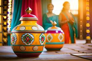 colorful vases on display in a room. AI-Generated photo