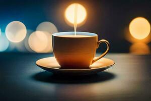 un taza de café en un mesa con borroso luces. generado por ai foto