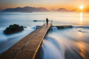 a man standing on a wooden dock in front of a mountain. AI-Generated photo