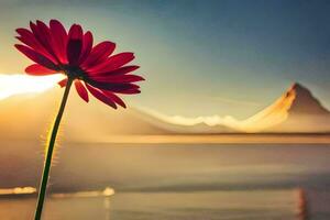 un rojo flor soportes en frente de un montaña a puesta de sol. generado por ai foto