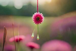 a pink flower hanging from a string in a field. AI-Generated photo