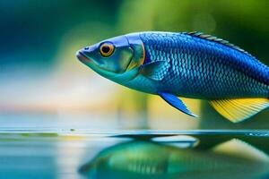 un pescado con azul y amarillo aletas es nadando en el agua. generado por ai foto