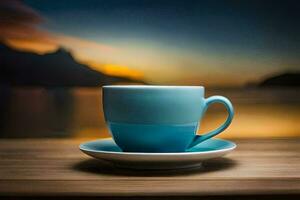a blue cup sits on a wooden table with a view of the ocean. AI-Generated photo