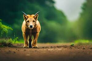 a dog with horns walking on a dirt road. AI-Generated photo