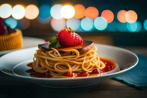 un plato de espaguetis con fresas y salsa. generado por ai foto