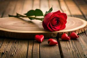 a single red rose on a wooden table with hearts. AI-Generated photo