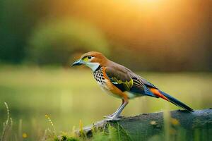 un pájaro es en pie en un Iniciar sesión en el césped. generado por ai foto