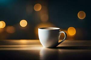 un taza de café en un mesa con bokeh luces. generado por ai foto