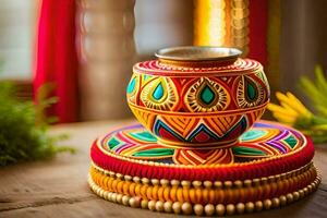 a colorful pot with a decorative design on it. AI-Generated photo