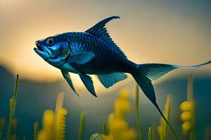 a fish is flying over a field of grass. AI-Generated photo