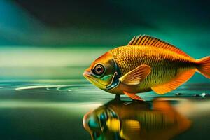 a fish is standing in the water with its reflection. AI-Generated photo