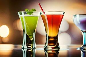 three different colored drinks in glasses on a table. AI-Generated photo