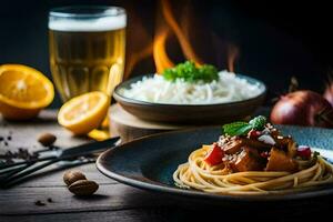 spaghetti with meat and rice on a plate. AI-Generated photo