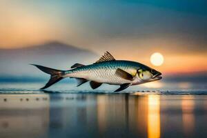 a fish is swimming on the beach at sunset. AI-Generated photo