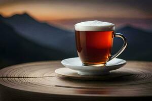 un taza de té en un de madera mesa en frente de un montaña. generado por ai foto