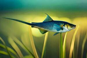 un pescado es flotante en el césped con un verde antecedentes. generado por ai foto