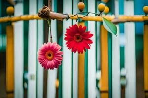 two flowers hanging from a wooden fence. AI-Generated photo