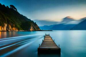 a long exposure photo of a dock in the ocean. AI-Generated